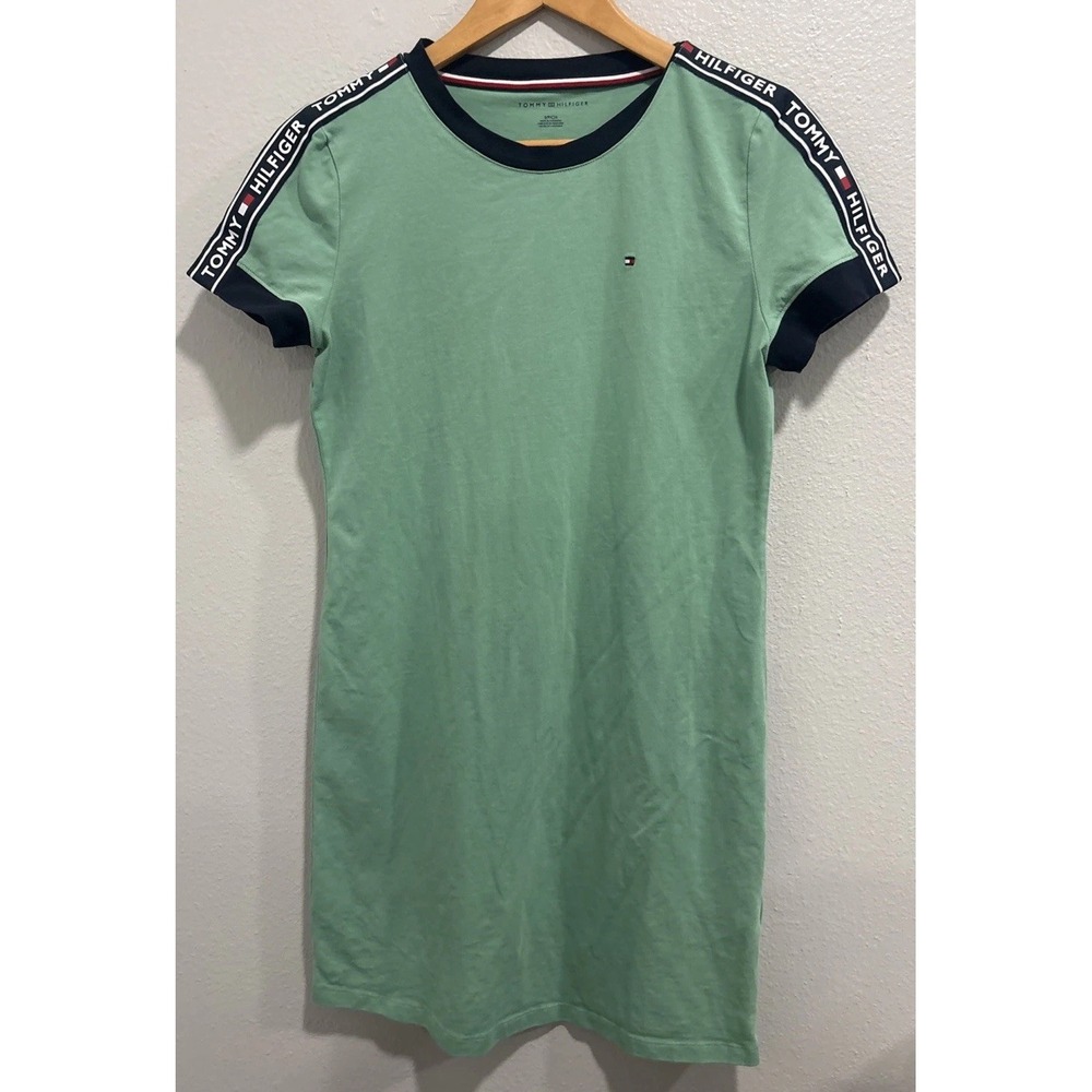 Tommy Hilfiger Women's Long T-Shirt Short Sleeve Green Dress Small Y2K 90s Logo